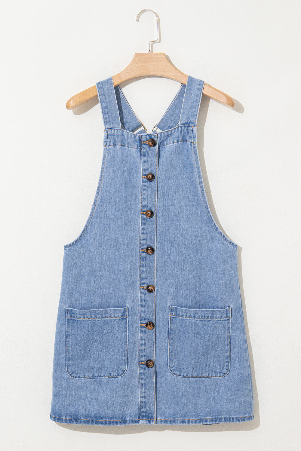 Wide Strap Button Front Pocketed Denim Mini Dress | Beau Blue