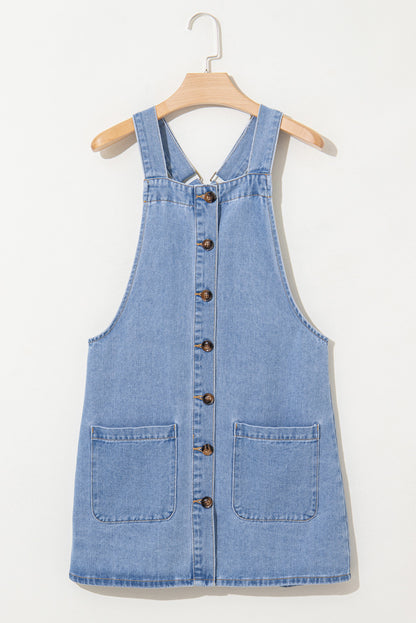 Wide Strap Button Front Pocketed Denim Mini Dress | Beau Blue