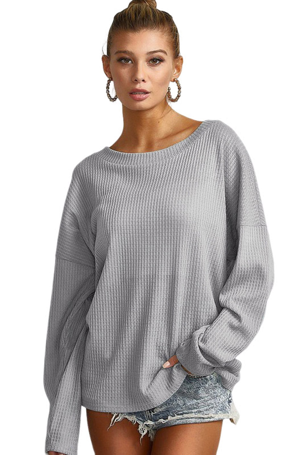 V Cut Drawstring Back Waffle Knit Long Sleeve Top | Gray