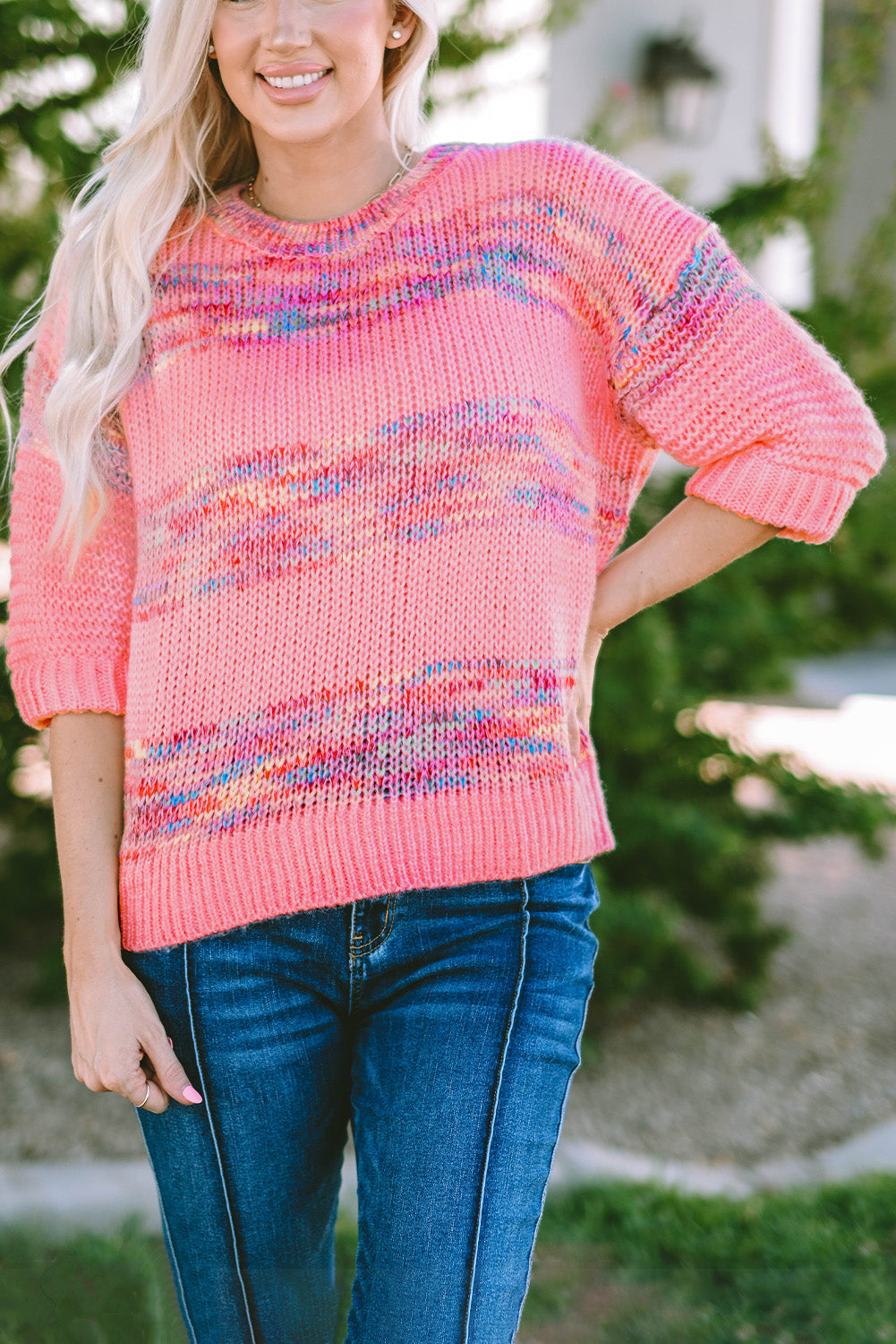 Colourful Stripes 3/4 Sleeve Loose Sweater | Rose