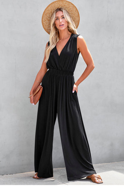 Deep V Pleated Crisscross Wide Leg Backless Jumpsuit | Black