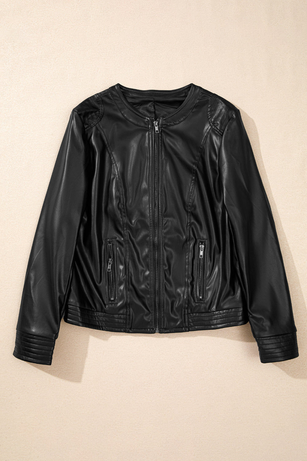 Solid Faux Leather Zipper Slim Fit Bomber Jacket | Black