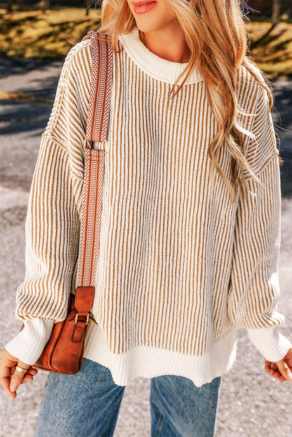 Striped Textured Knit Contrast Edge Loose Sweater | Chestnut