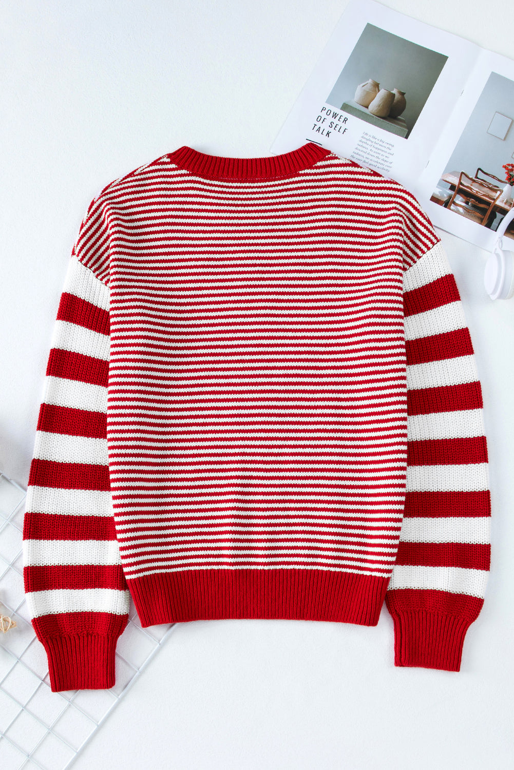 Geometric Textured Drop Shoulder Sweater | Red Stripe