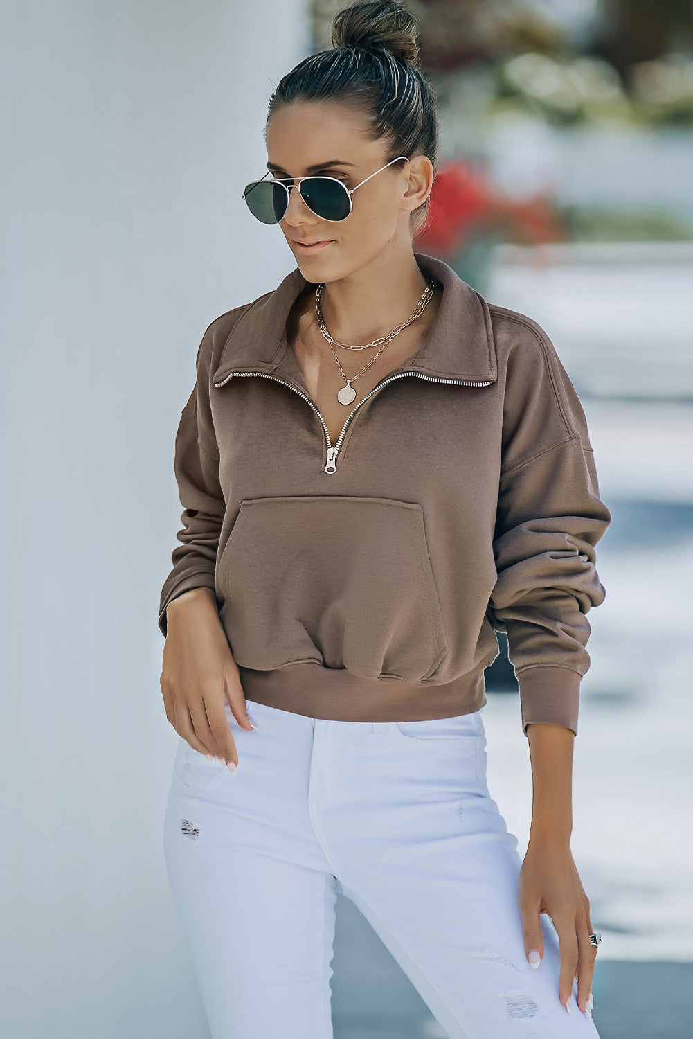 Zipped Turn Down Collar Cropped Sweatshirt With Pocket | Brown