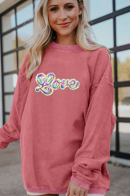 Sequin Love Graphic Drop Shoulder Corded Valentines Sweatshirt | Strawberry Pink