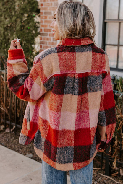 Plaid Print Flap Pockets Buttoned Casual Plus Size Jacket | Orange