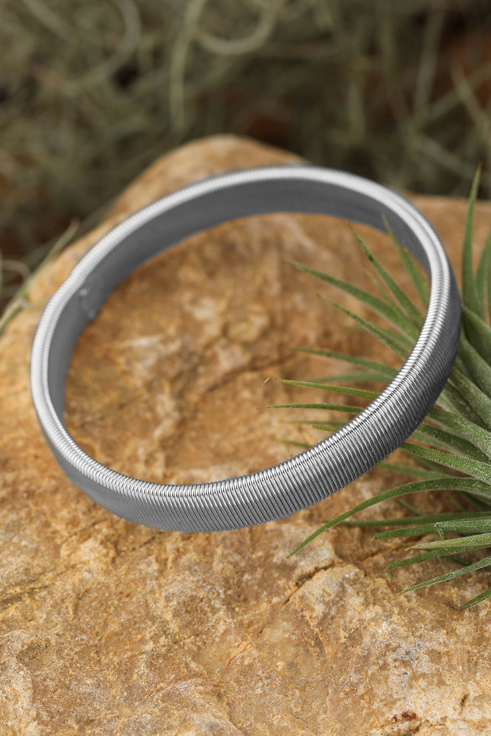 Stretchy Plated Metal Wide Bangle | Silvery