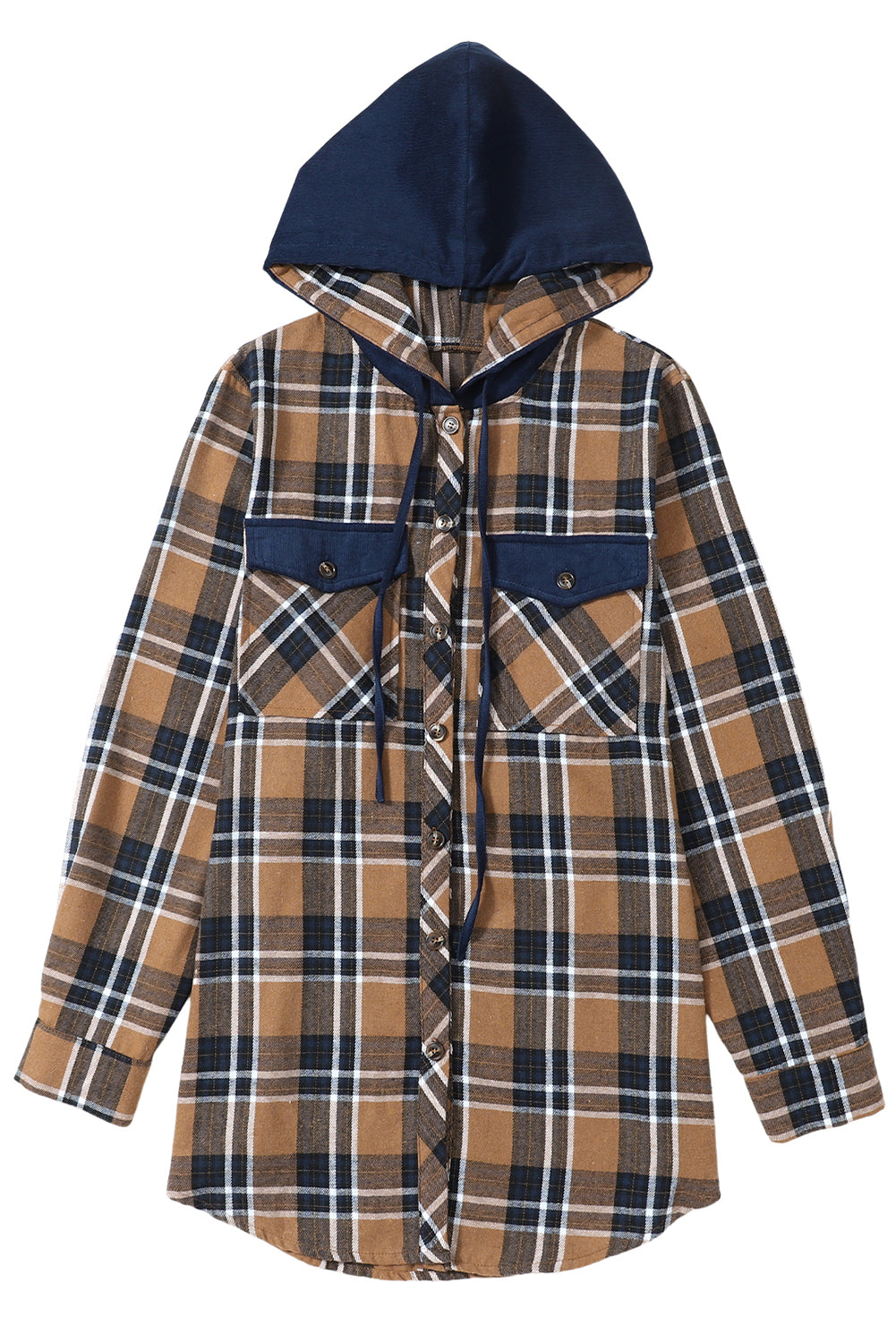 Bluing Contrast Hooded Drawstring Plaid Shacket | Mazarine