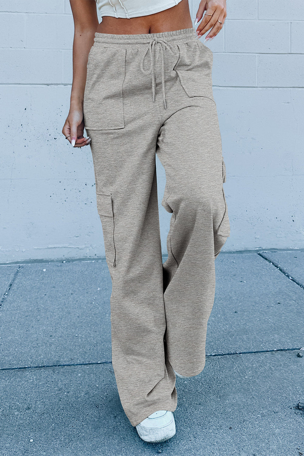 Multi Pockets Lace-Up High Waist Wide Leg Workout Pants | Light Grey