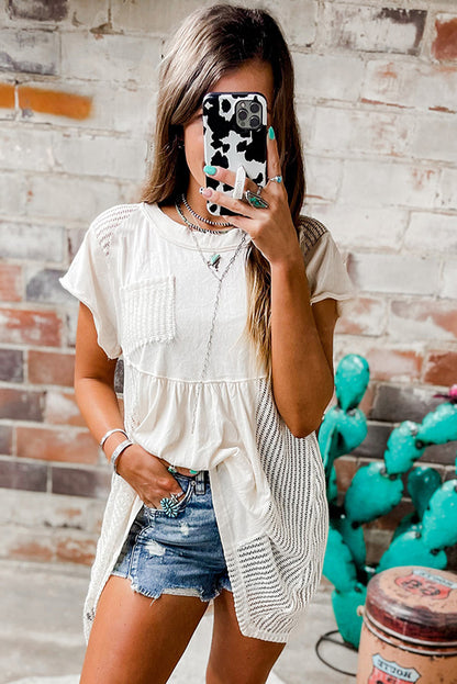 Hollow Knit Splicing Keyhole Back Tunic Top | White