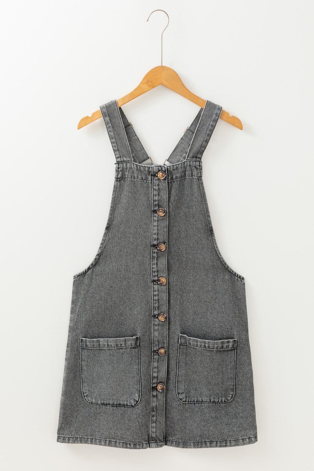 Wide Strap Button Front Pocketed Denim Mini Dress | Medium Grey