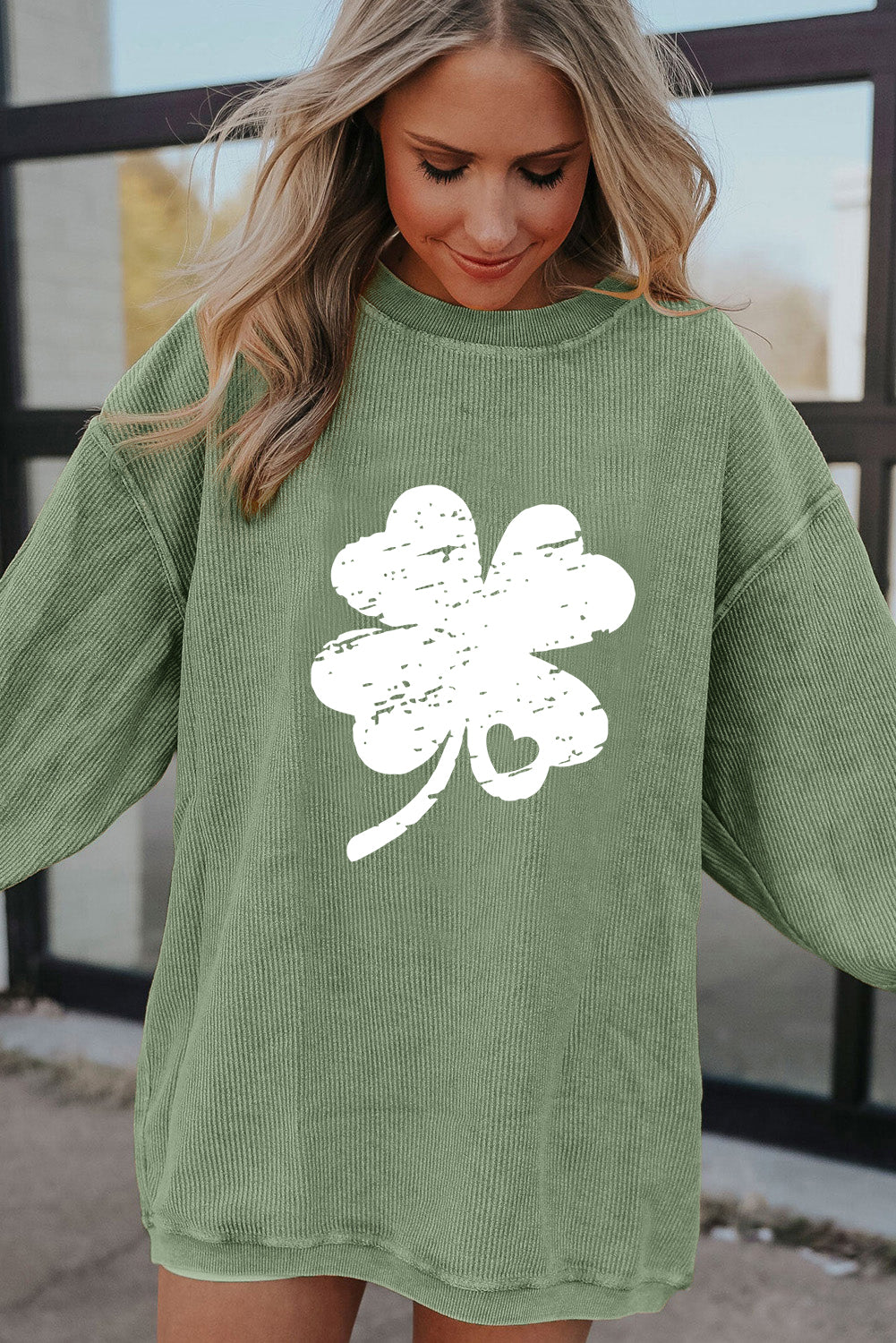 Distressed Clover Print St Patricks Corded Sweatshirt | Grass Green