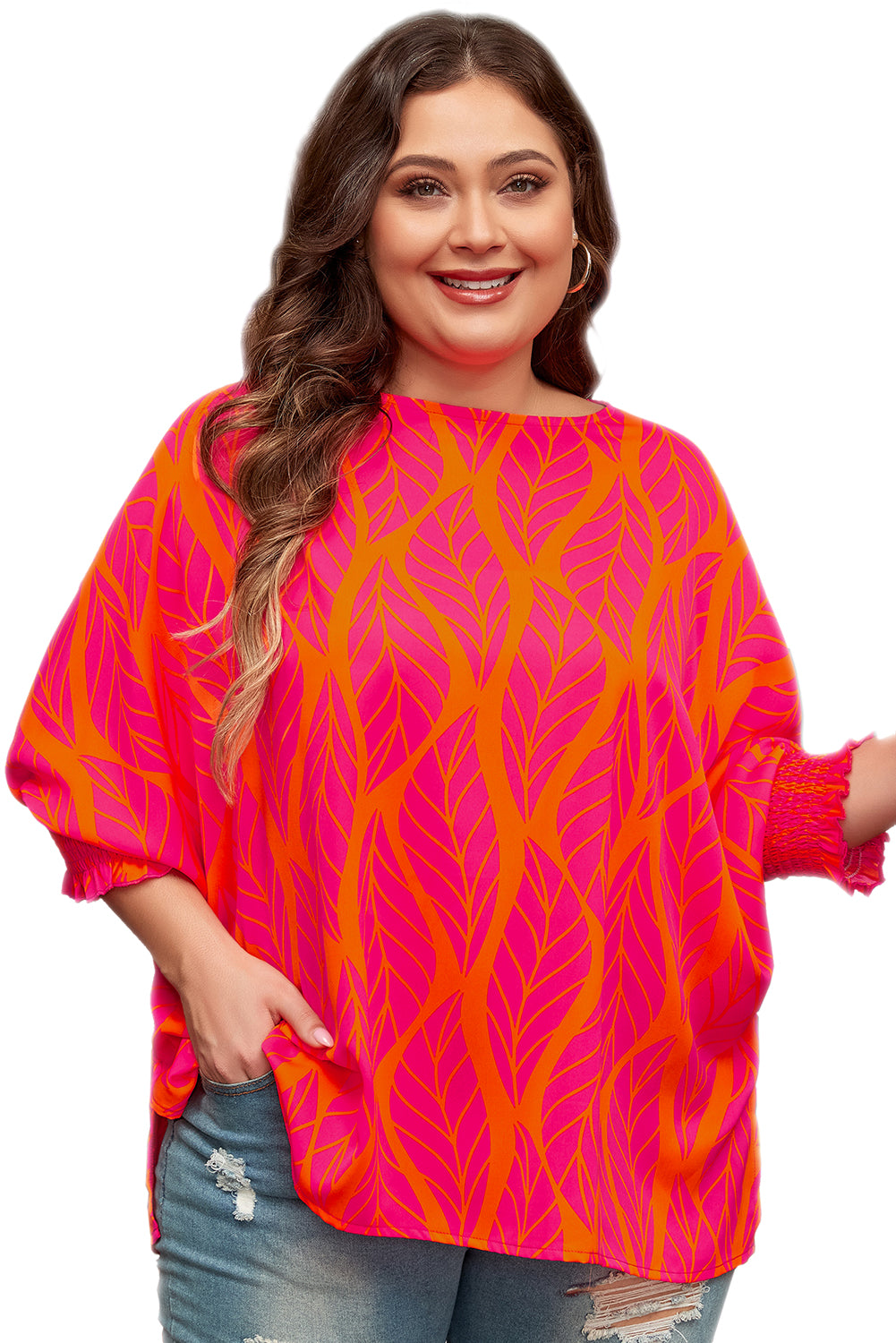 Leafy Printed Smocked Lantern Sleeve Plus Size Blouse | Rose