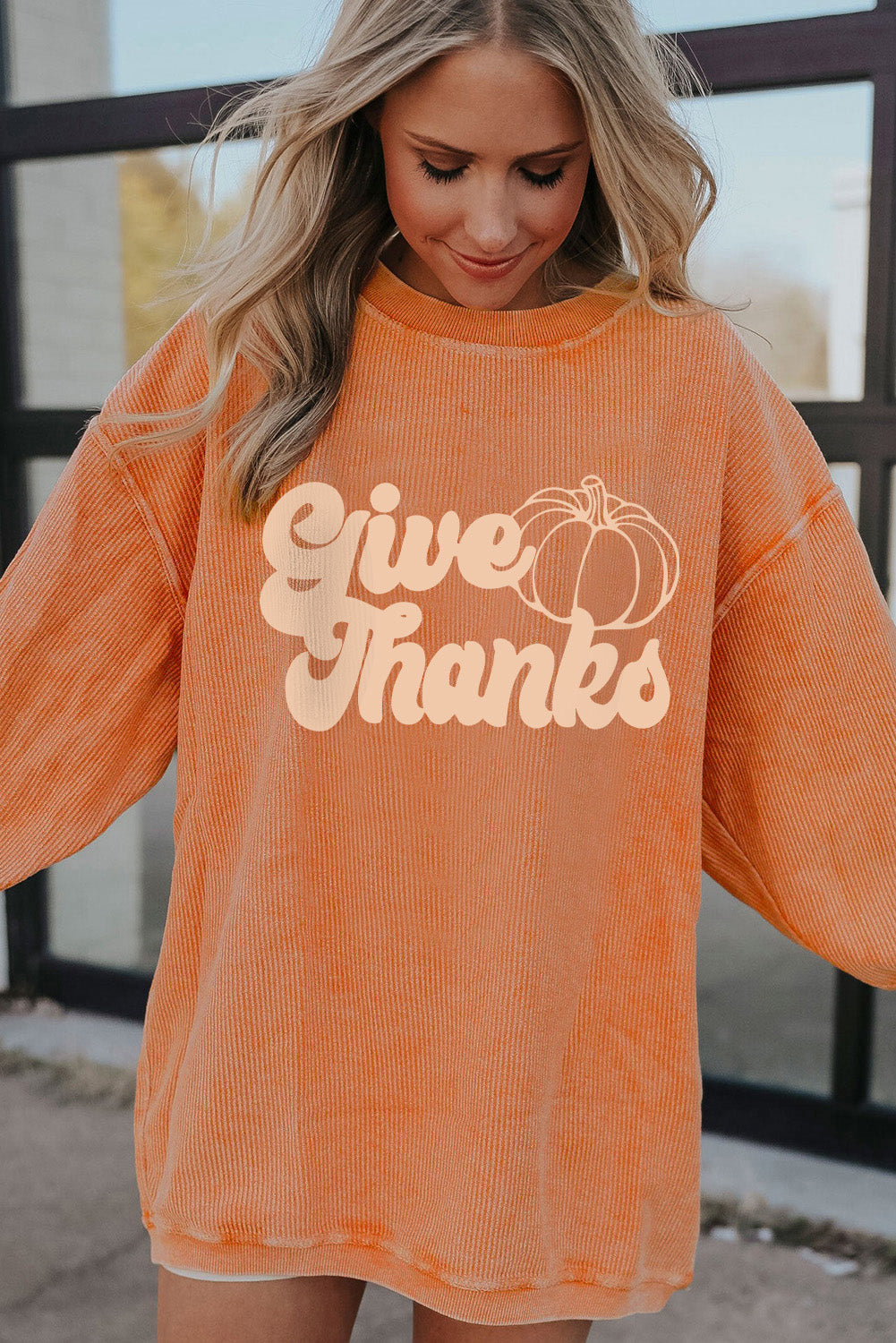 Give Thanks Pumpkin Graphic Corded Sweatshirt | Orange