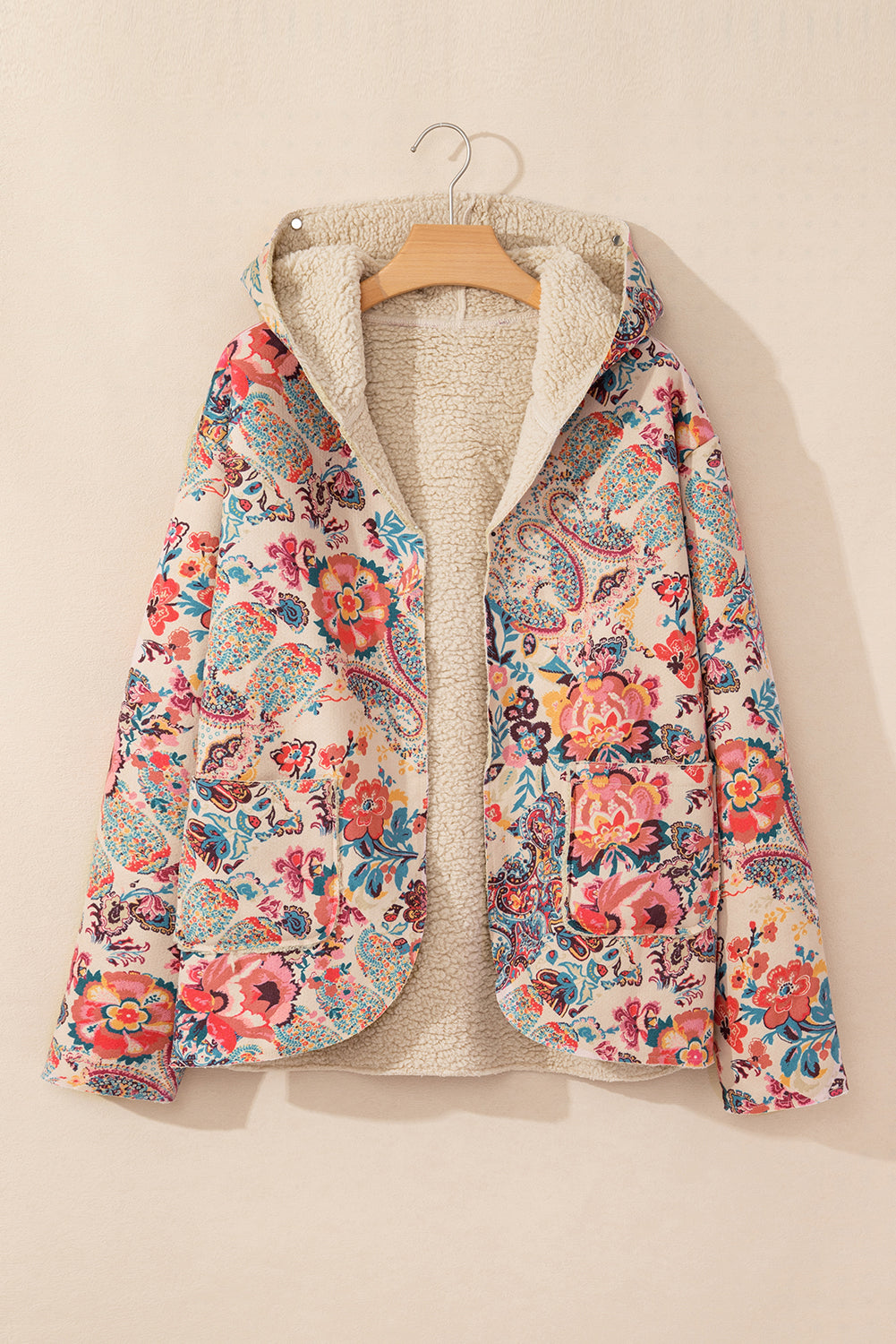 Vintage Paisley Floral Printed Sherpa Lined Hooded Jacket | Beige