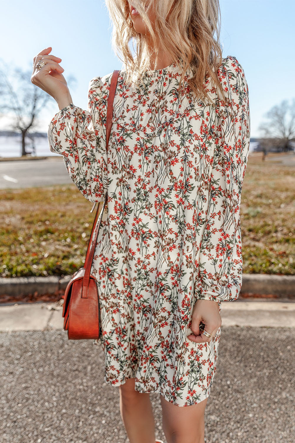 Floral Printed Long Sleeve Mini Dress | White