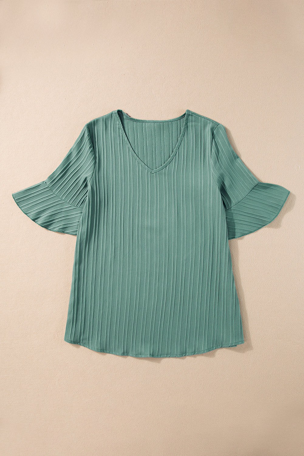 Ruffled Half Sleeve V Neck Textured Top | Grass Green