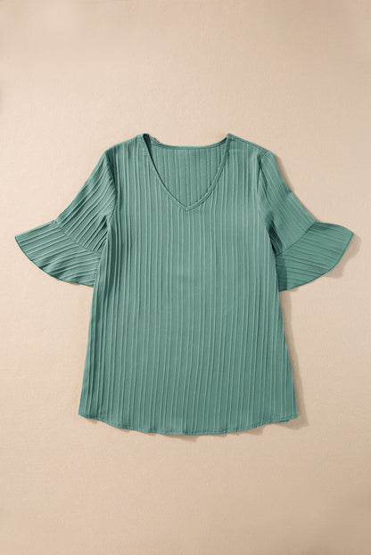 Ruffled Half Sleeve V Neck Textured Top | Grass Green