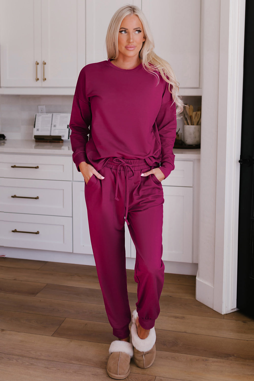 Long Sleeve Pullover And Jogger Pants Lounge Set | Red