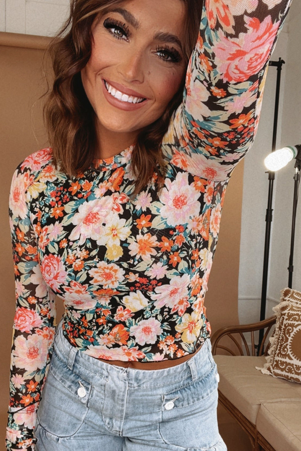 Floral Mesh Slim Long Sleeve Crop Top | Orange