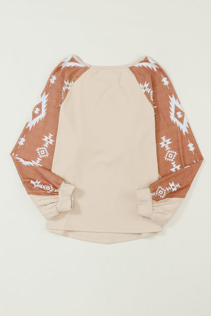 Western Print Patch Long Sleeve Top | Apricot