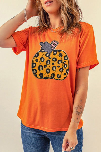 Halloween Leopard Pumpkin Crew Neck Graphic Tee | Orange