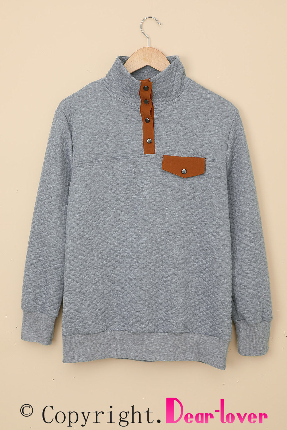 Quilted Snaps Stand Neck Pullover Sweatshirt With Fake Front Pocket | Gray