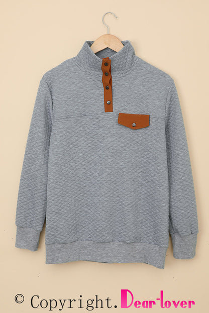 Quilted Snaps Stand Neck Pullover Sweatshirt With Fake Front Pocket | Gray