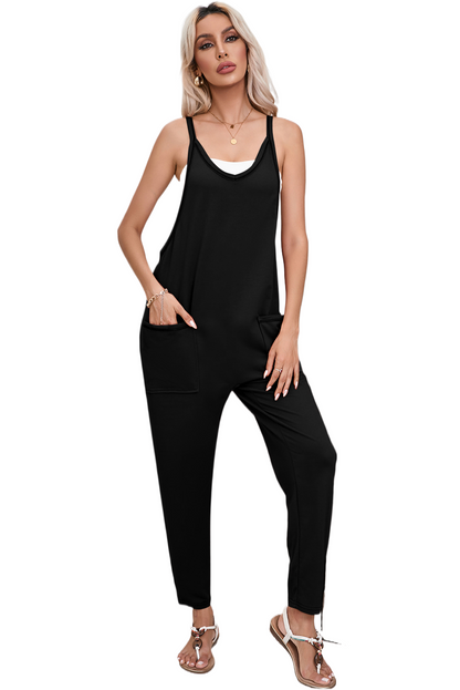 Side Pockets Harem Pants Sleeveless V Neck Jumpsuit | Black