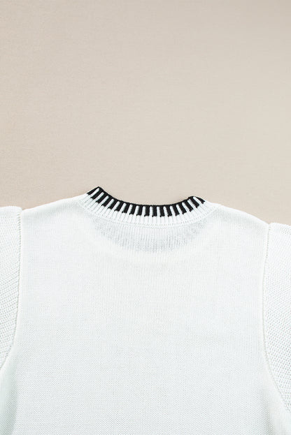 Contrast Trim Round Neck Batwing Sleeve Knitted Top | White