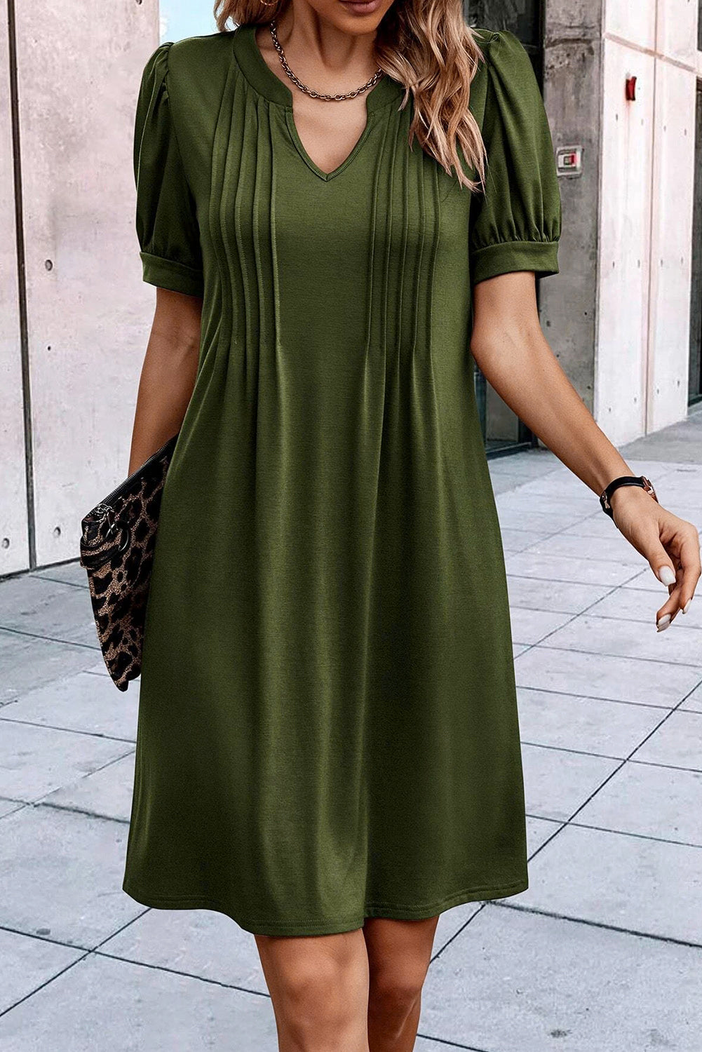 Notched Neck Pleated Puff Sleeve Shift T-Shirt Dress | Fern Green