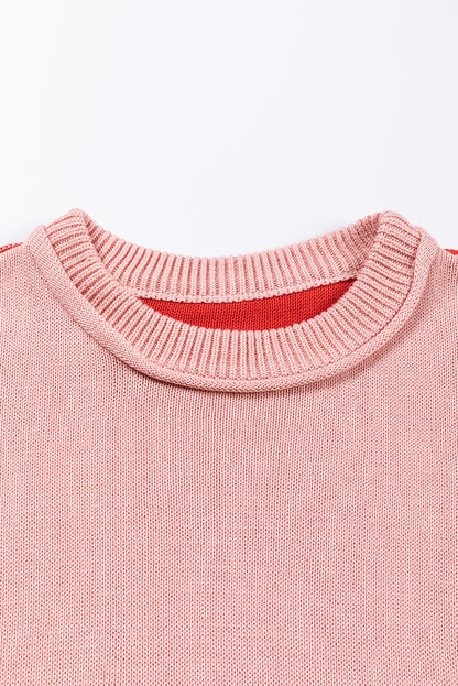 Colourblock Bishop Sleeve Ribbed Trim Sweater | Pink