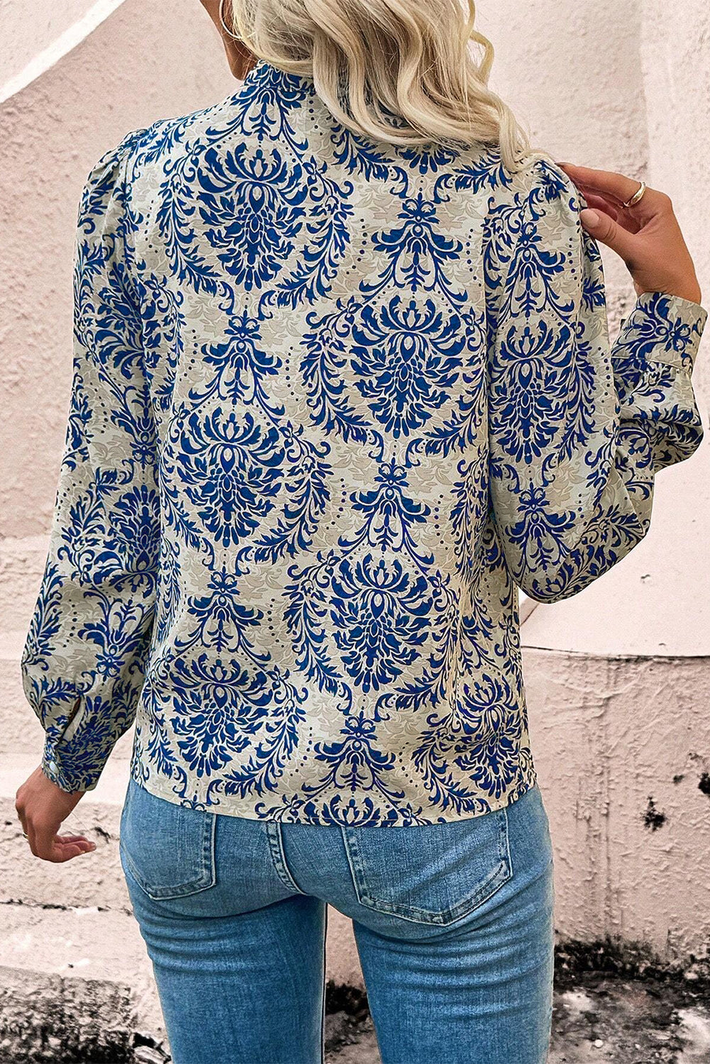 Bohemian Printed Bishop Sleeve Lace Shirt | Sky Blue