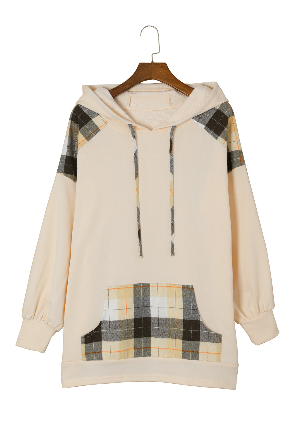 Plaid Patchwork Kangaroo Pocket Oversized Hoodie | Khaki