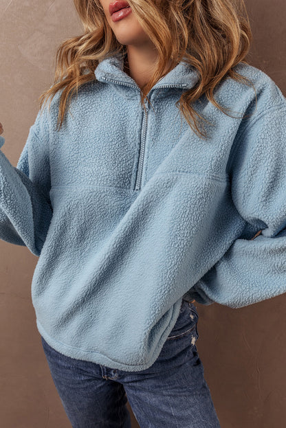 Collared Zipper Drop Shoulder Fleece Sweatshirt | Myosotis