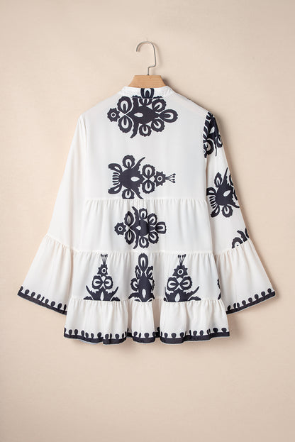 Abstract Printed Bell Sleeve Buttoned Tiered Babydoll Blouse | White