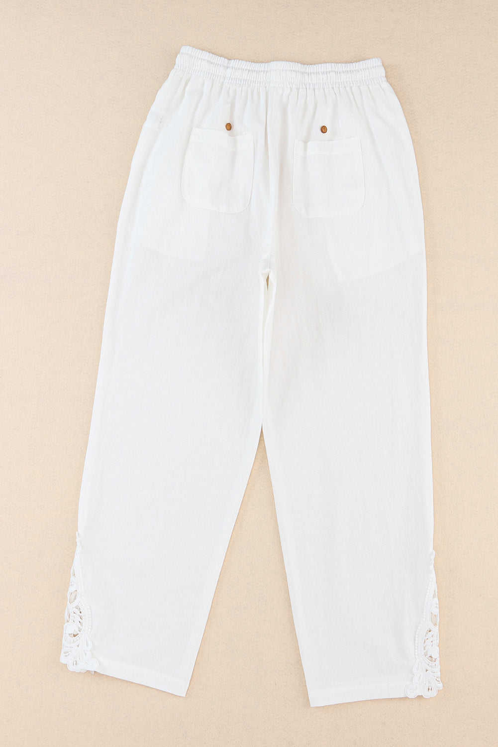 Lace Splicing Drawstring Casual Cotton Pants | White