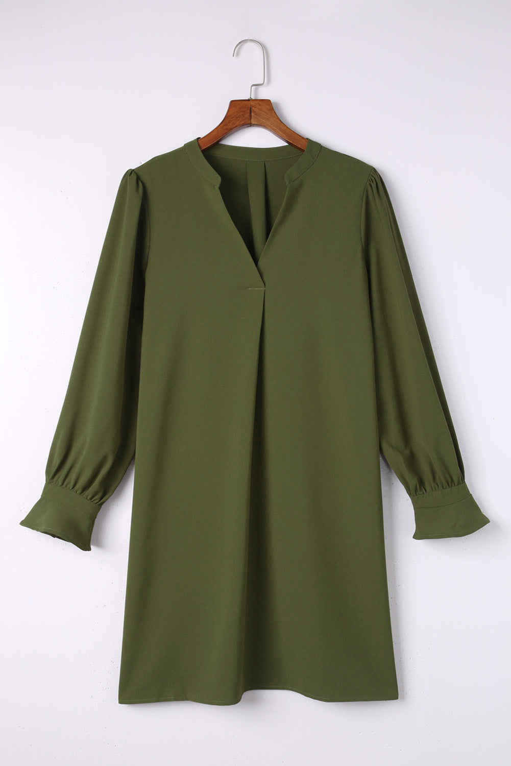 Split V Neck Ruffled Sleeves Shirt Dress | Green