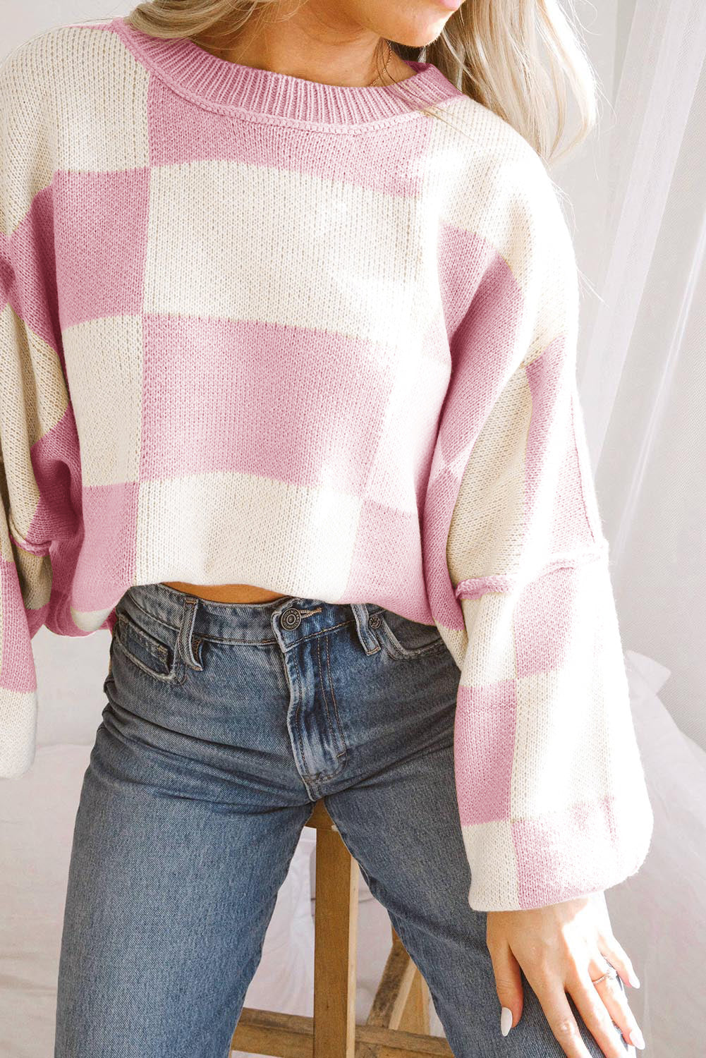 Checkered Bishop Sleeve Sweater | Pink