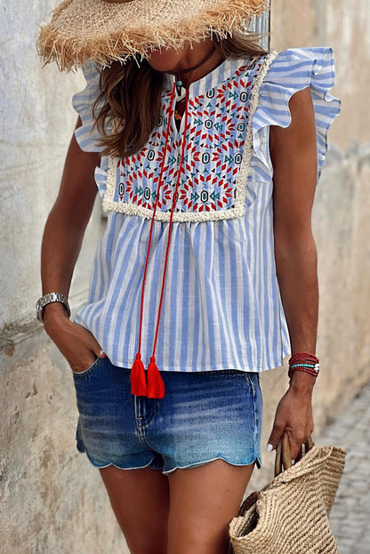 Geo Pattern Embroidered Tassel Flutter Blouse | Sky Blue Stripe