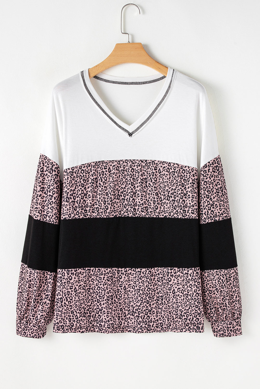 Leopard Print Colourblock V Neck Long Sleeve Plus Size Top | Black