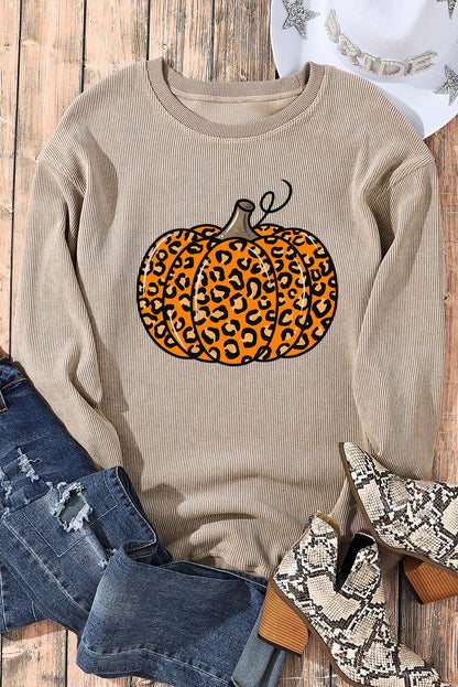 Halloween Leopard Pumpkin Graphic Corded Sweatshirt | Khaki