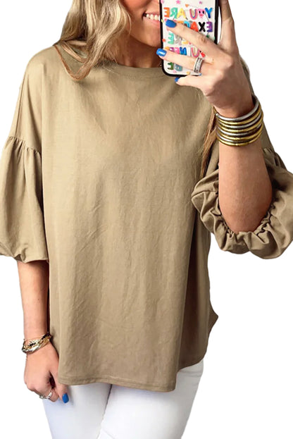 Solid Colour Lantern Sleeve Drop Shoulder Blouse | Light French Beige