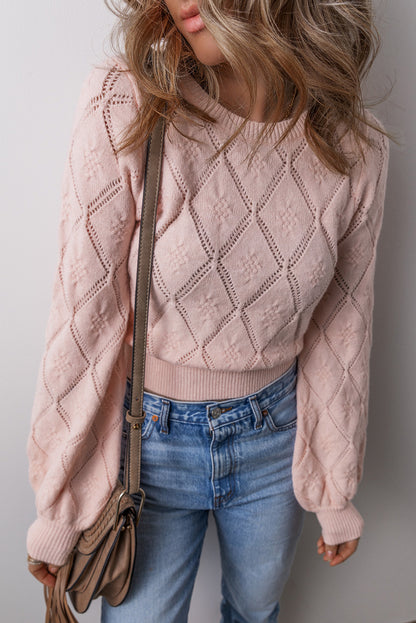 Openwork Plaid Puff Sleeve Cropped Sweater | Gossamer Pink