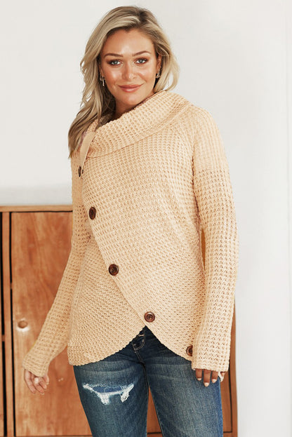 Buttoned Wrap Turtleneck Sweater | Beige