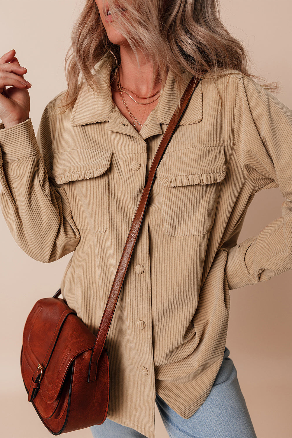 Solid Frilled Flap Pocket Button Up Corduroy Shacket | Light French Beige