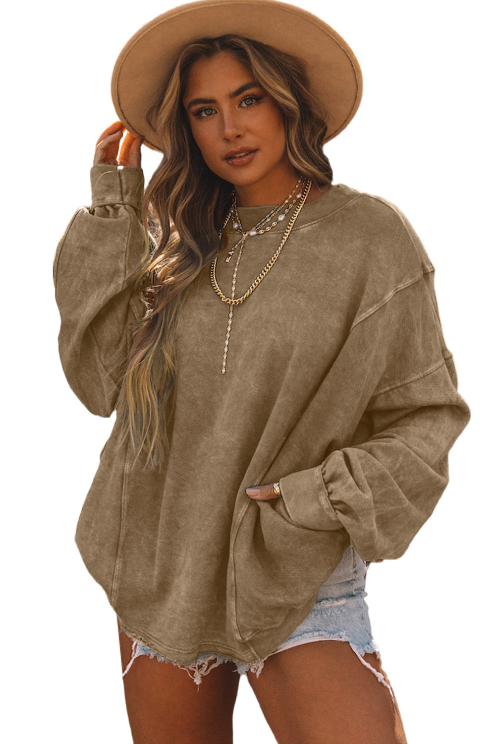 Exposed Seam Twist Open Back Oversized Sweatshirt | Khaki