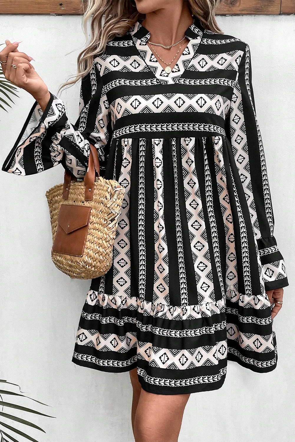 Boho Geometric Printed Flared Long Sleeve Mini Dress | Black