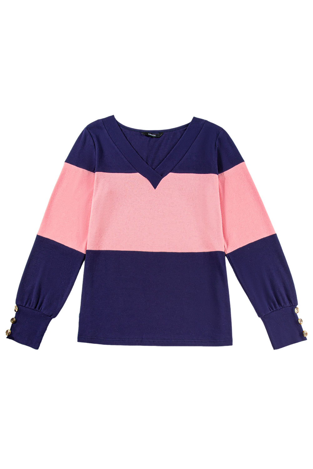 Colourblock Button Decor Long Sleeve V Neck Top | Blue Stripe